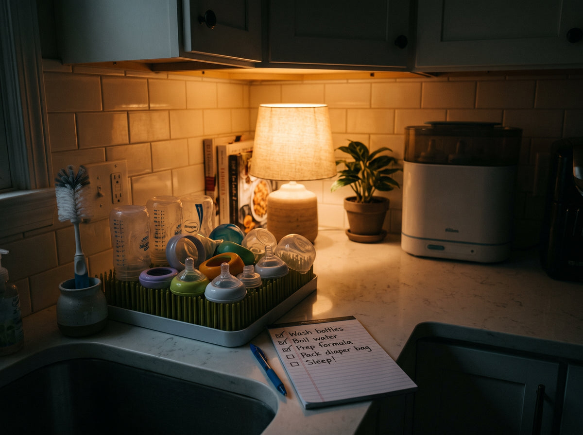Baby bottles arranged beside a product checklist in a home kitchen.