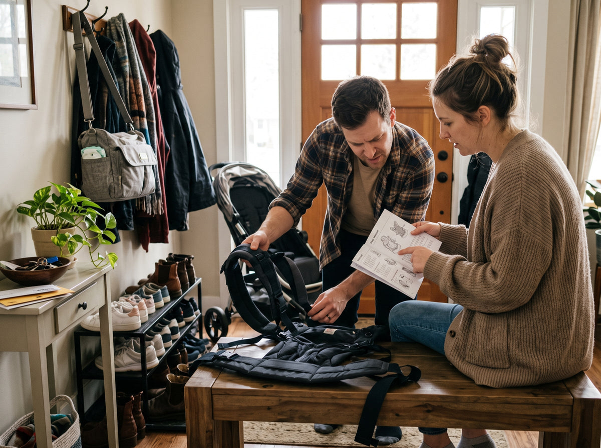 Caregivers rechecking a baby carrier after an adjustment