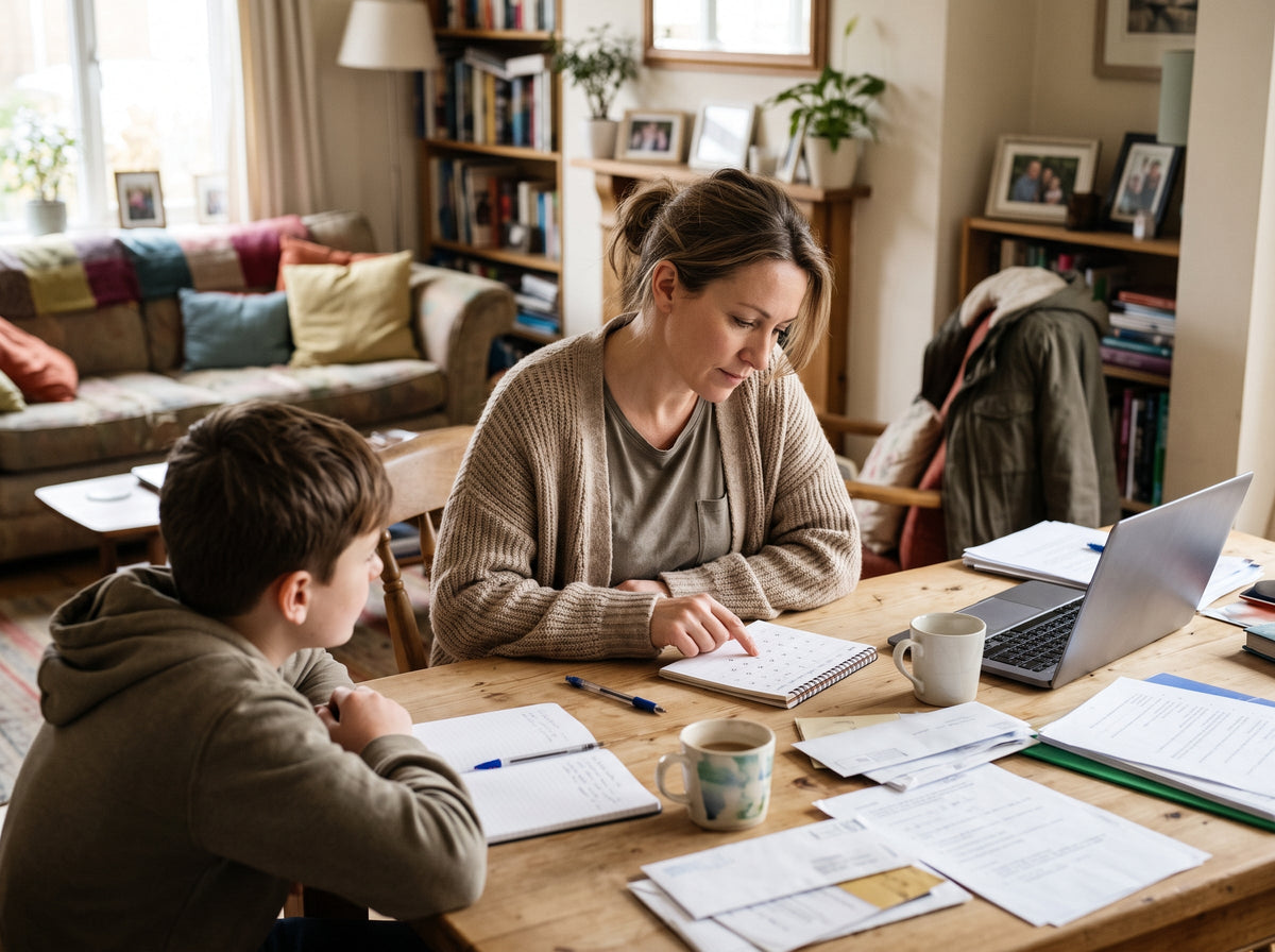 Mother closing the family calendar after a planned schedule check