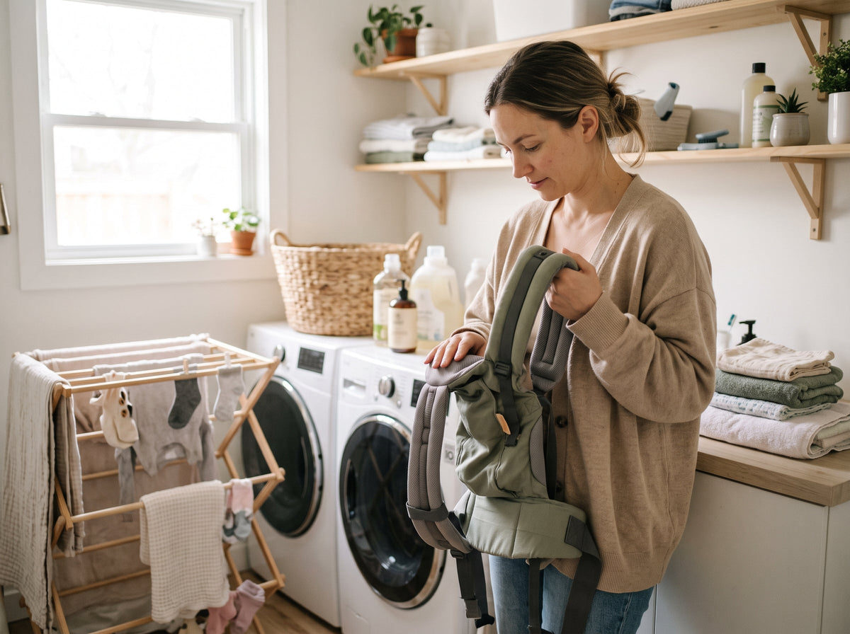 Parent checking a baby carrier after washing and drying