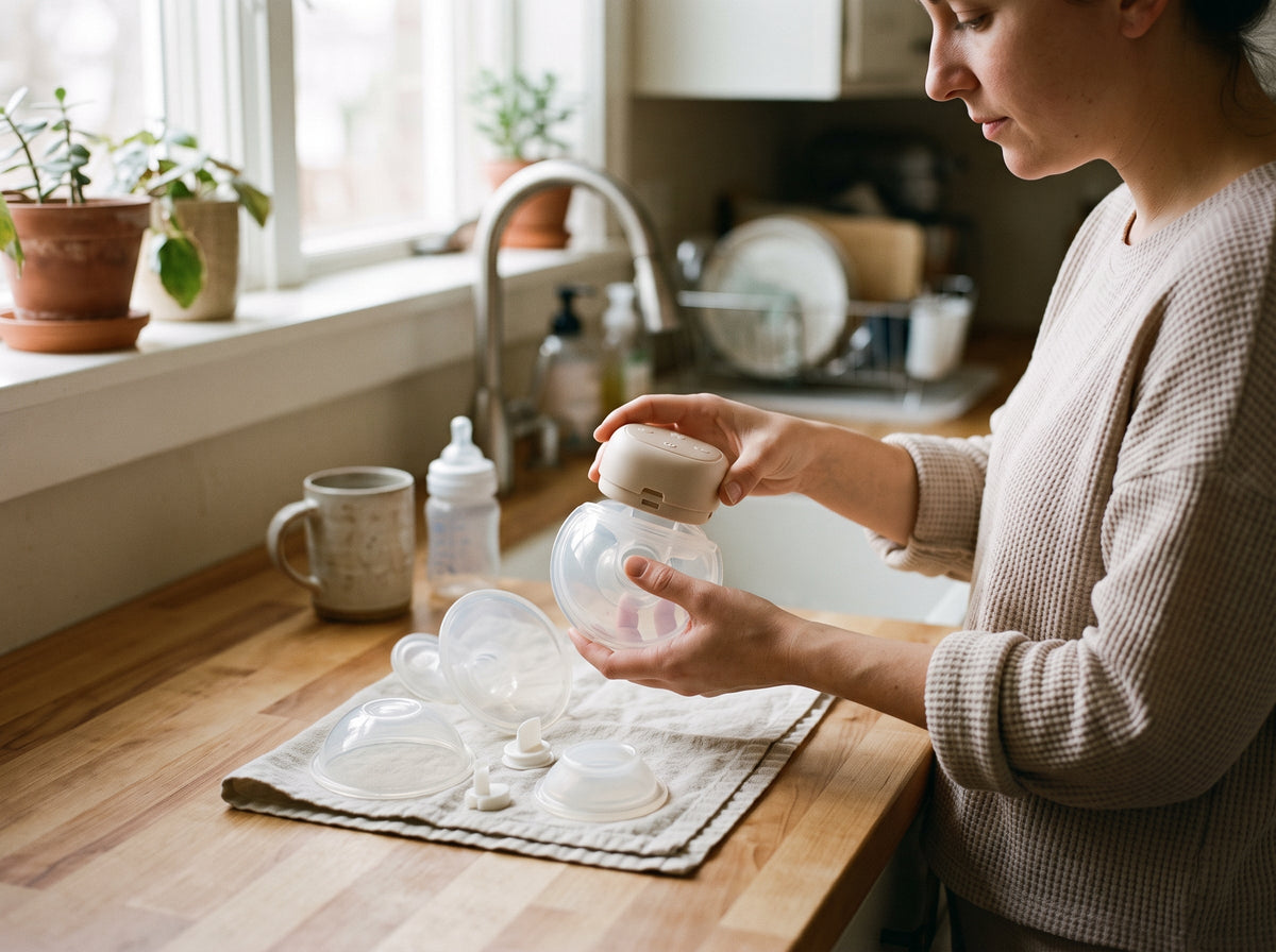Parent separating a wearable breast pump motor from washable parts